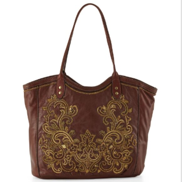Isabella Fiore Handbags - Vintage Designer ISABELLA FIORE Baroque Applique Maxima Leather Tote Brandy RARE